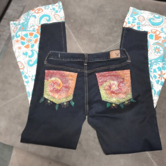Handpainted One of a Kind American Eagle Bell Bottom Jeggings Sz 4 - Picture 6 of 7
